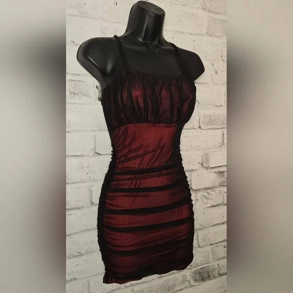 SHEIN Black Red Mesh Ruched Bodycon Mini Dress US 2 - Picture 5 of 13